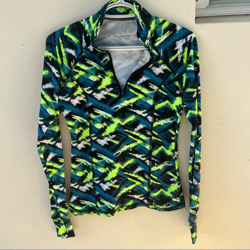Women’s Long Sleeve Quarter-Zip Active Top - Neon Green & Teal Pattern